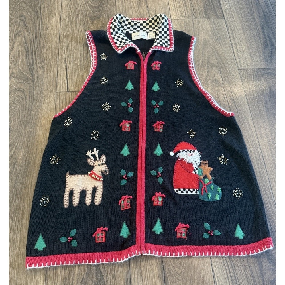 Lemon Grass Christmas Sweater Vest Women's XL Santa Reindeer Zip Front Holiday